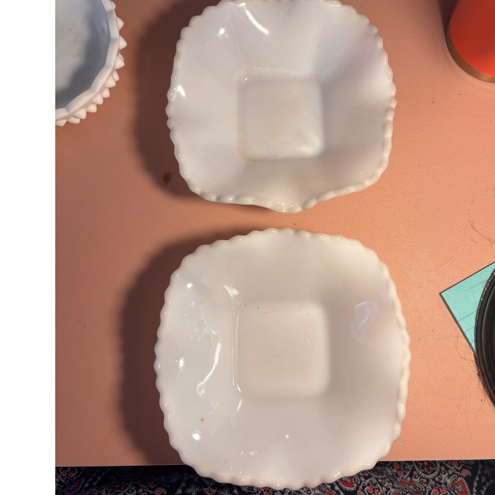 Vintage White Milk Glass Square Scalloped Bowls Diamond Pattern Set of 2